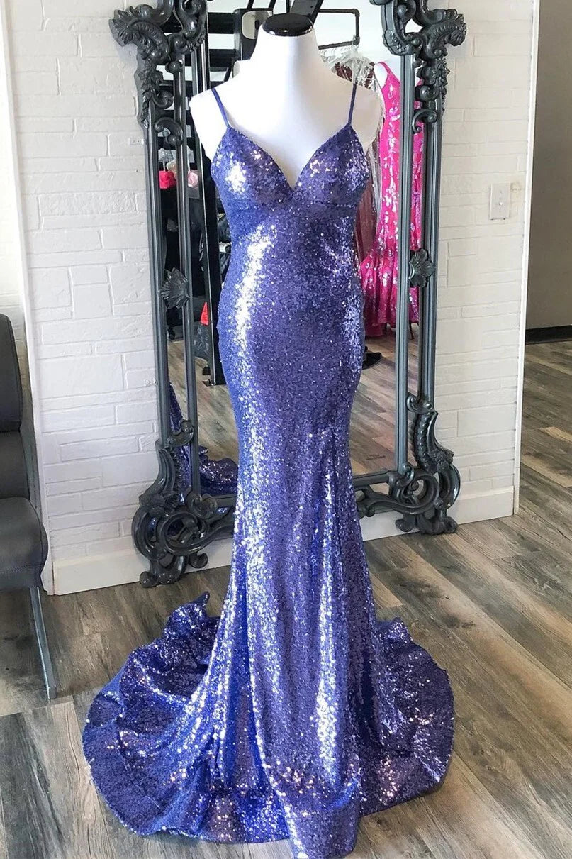 Formal Wear Dresses Purple Sequin Mermaid Backless Long Prom Dress with Open Back Prom Dress Stores With Prom Dresses